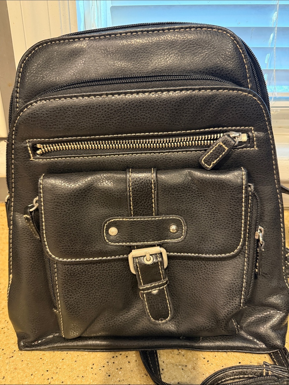 Bass Black Leather Backpack with Front Buckle Pocket